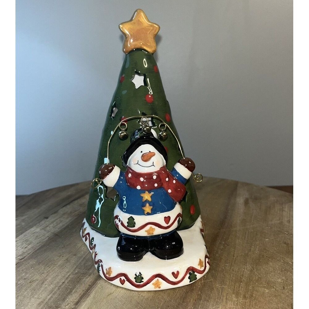Snowman With Bells Christmas Tree Voltive Candle Holder Ceramic